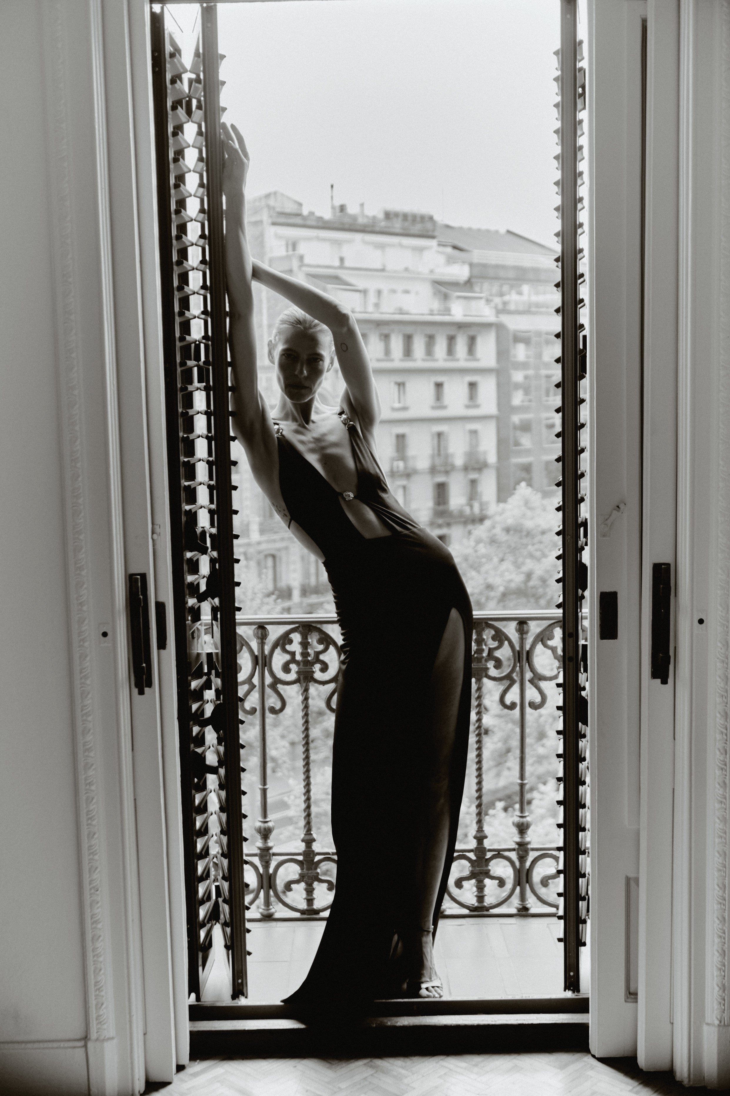 Black Maxi Dress with Hand-made Gold Pleated Accesories