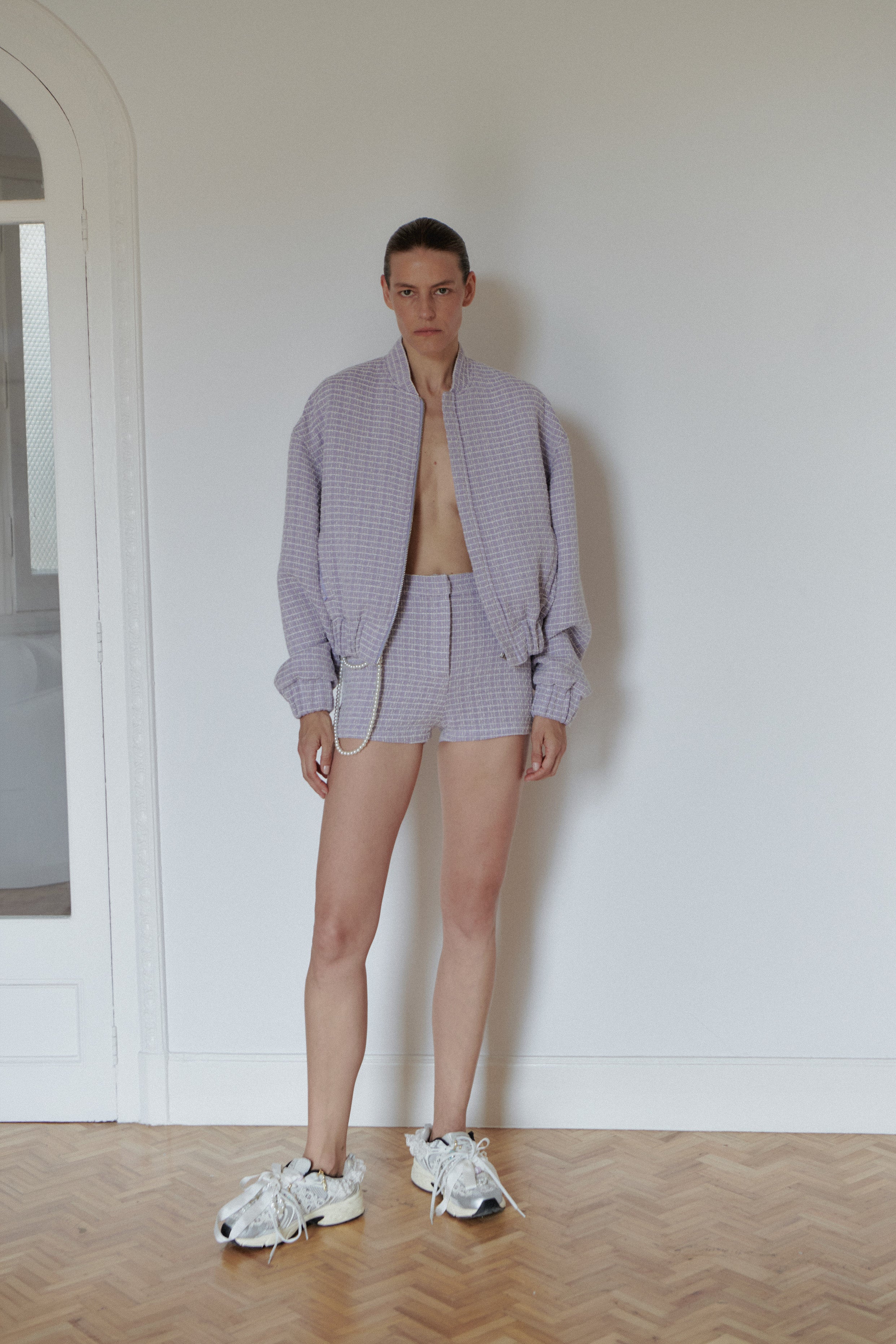 Lilac Wool Tweed Mini Shorts with Pearl