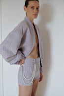 Lilac Wool Tweed Mini Shorts with Pearl