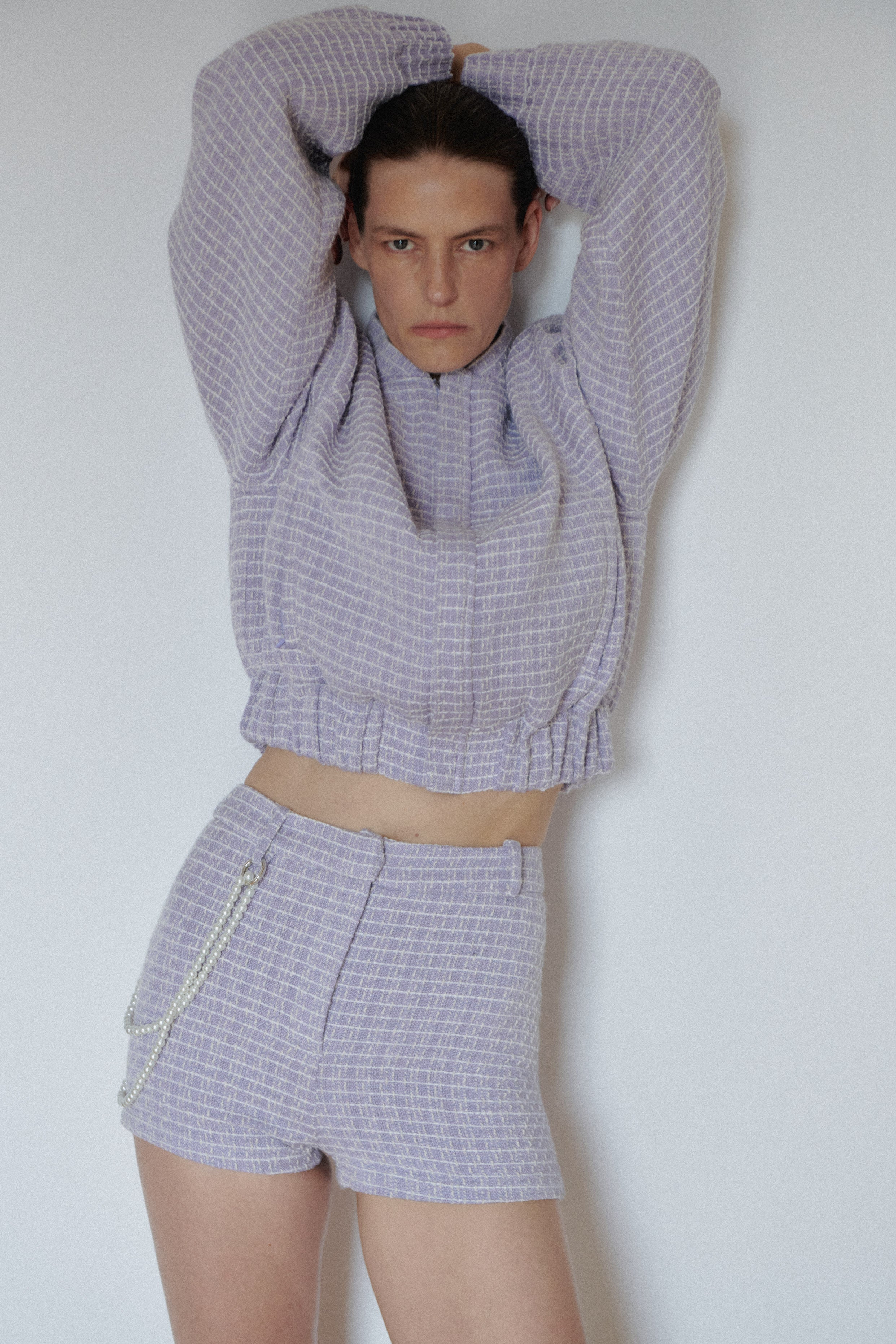 Lilac Wool Tweed Mini Shorts with Pearl