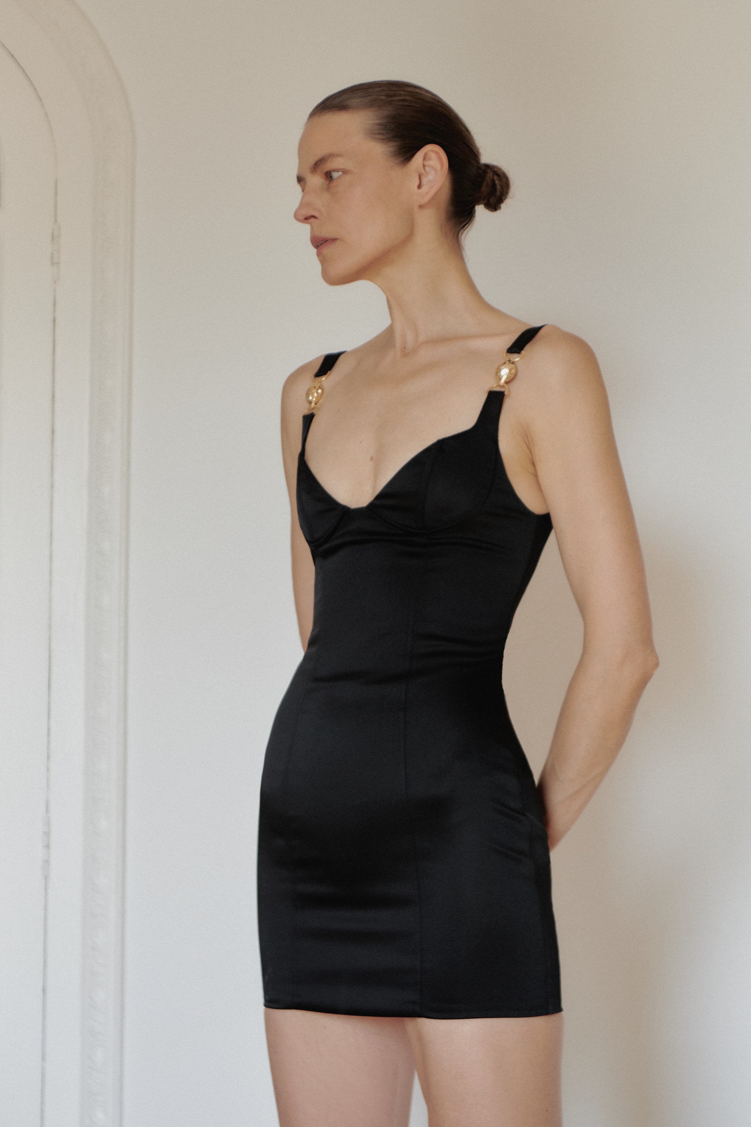 Black Satin Mini Dress with Hand-Made Gold Plated Accesory