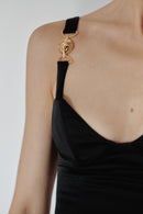 Black Satin Mini Dress with Hand-Made Gold Plated Accesory