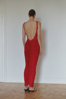 Red Draped Long Skirt with Zipper