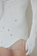 White Mini Dress with Beads and Gloves