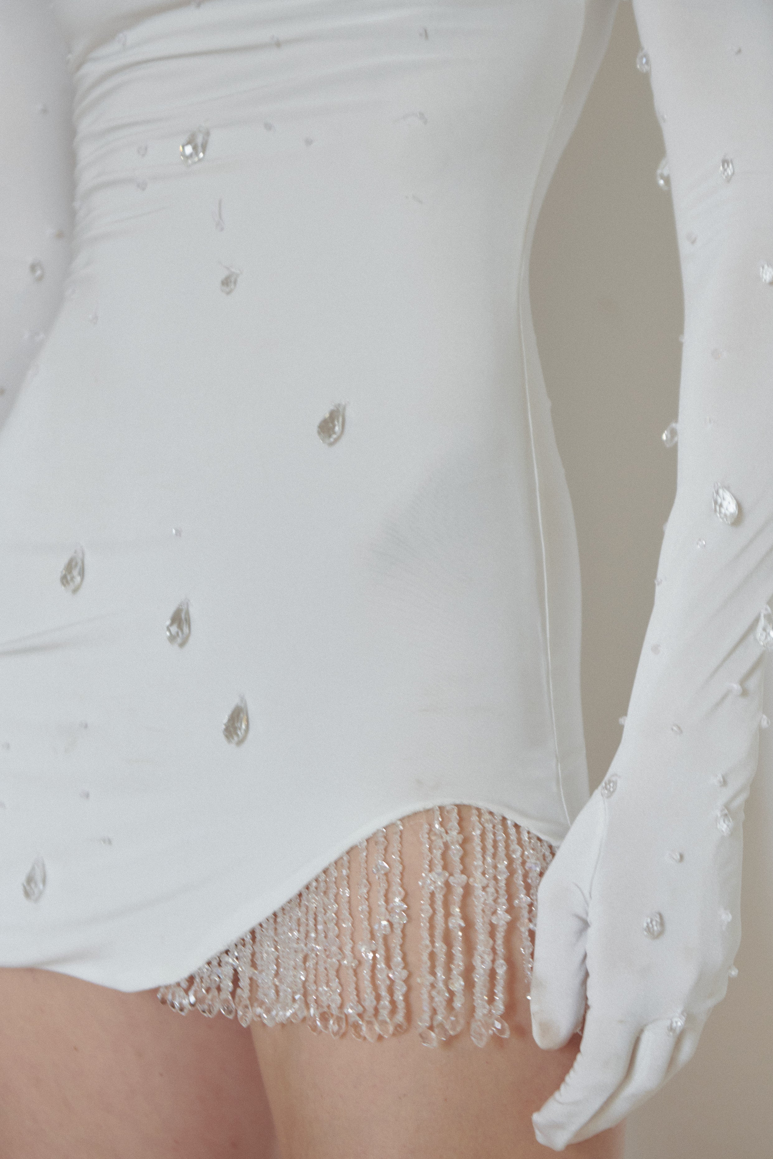 White Mini Dress with Beads and Gloves