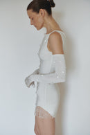White Mini Dress with Beads and Gloves