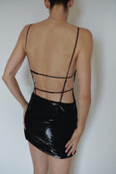 Black Backless Mini Dress with Hand-Made Sİlver Pleated Accesory
