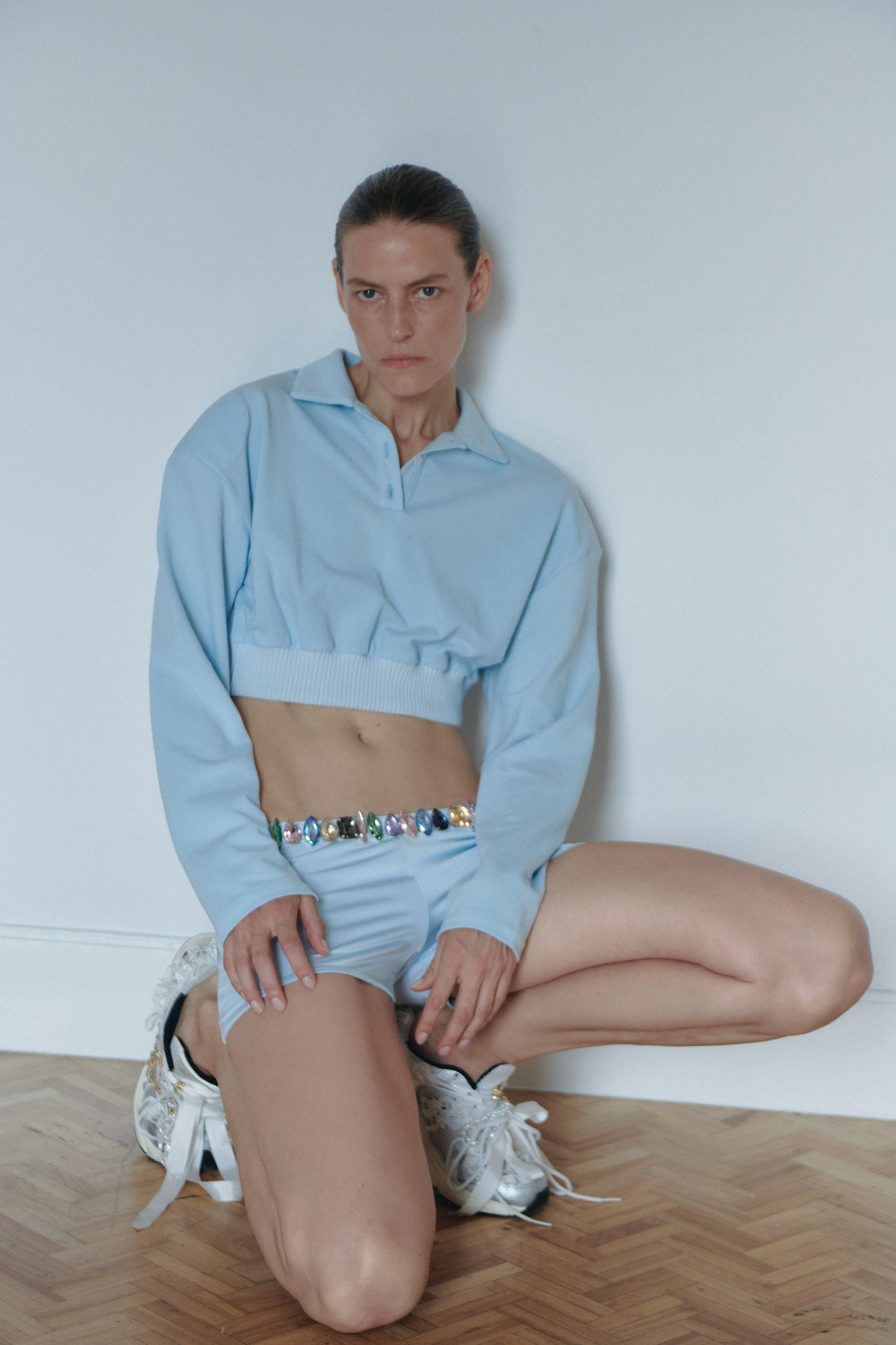 Baby Blue Low-Waisted Shorts with Stones