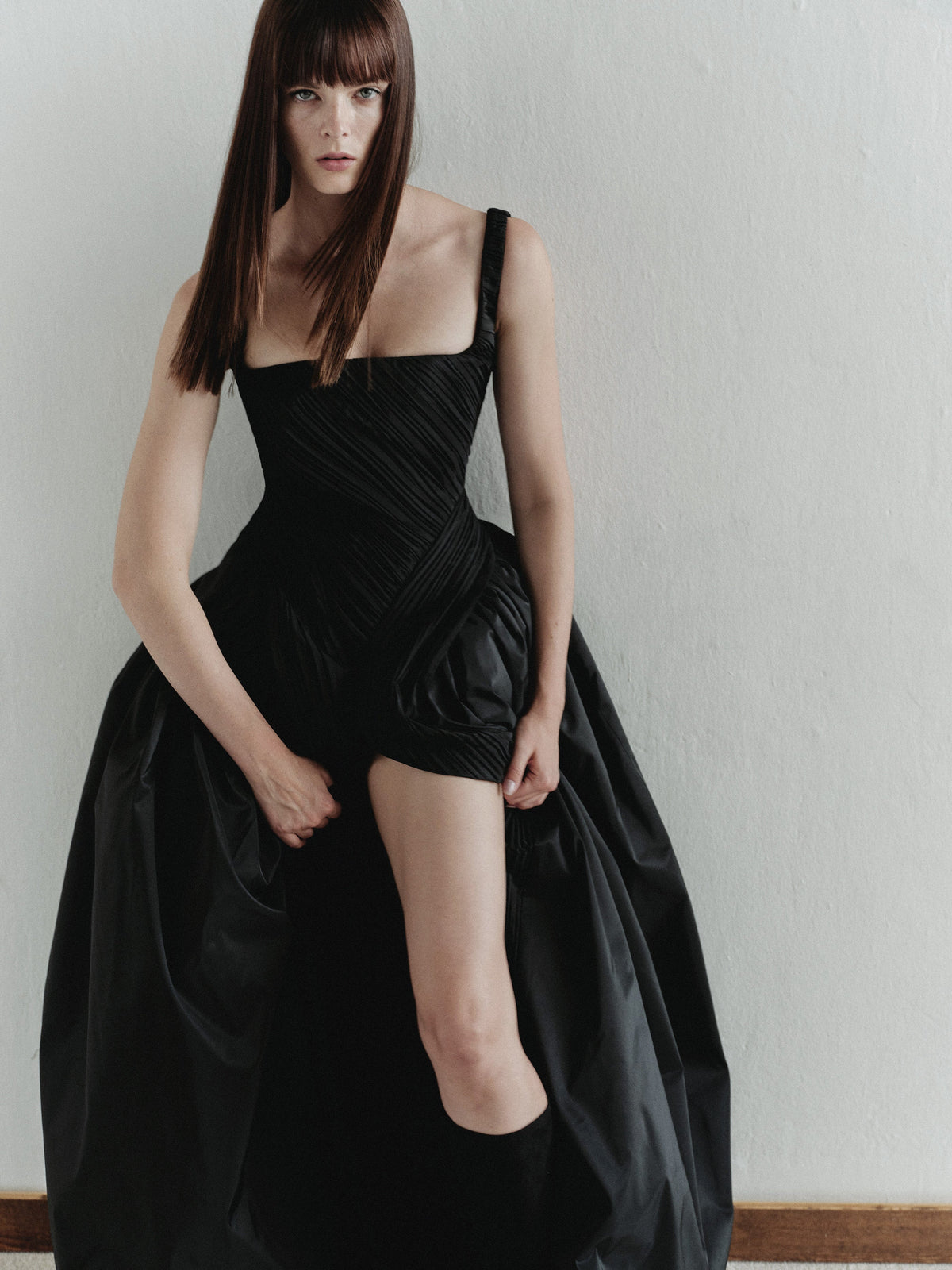 Black Taffeta Maxi Dress with Pleats