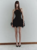 Black Mini Dress with Feather Trim