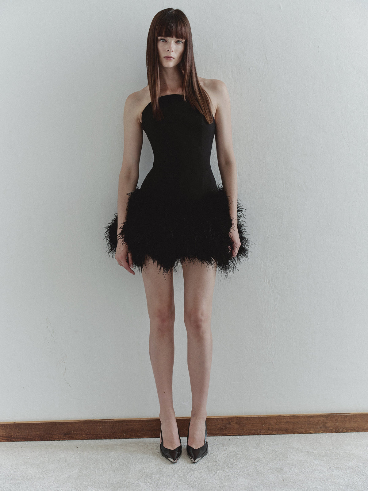 Black Mini Dress with Feather Trim