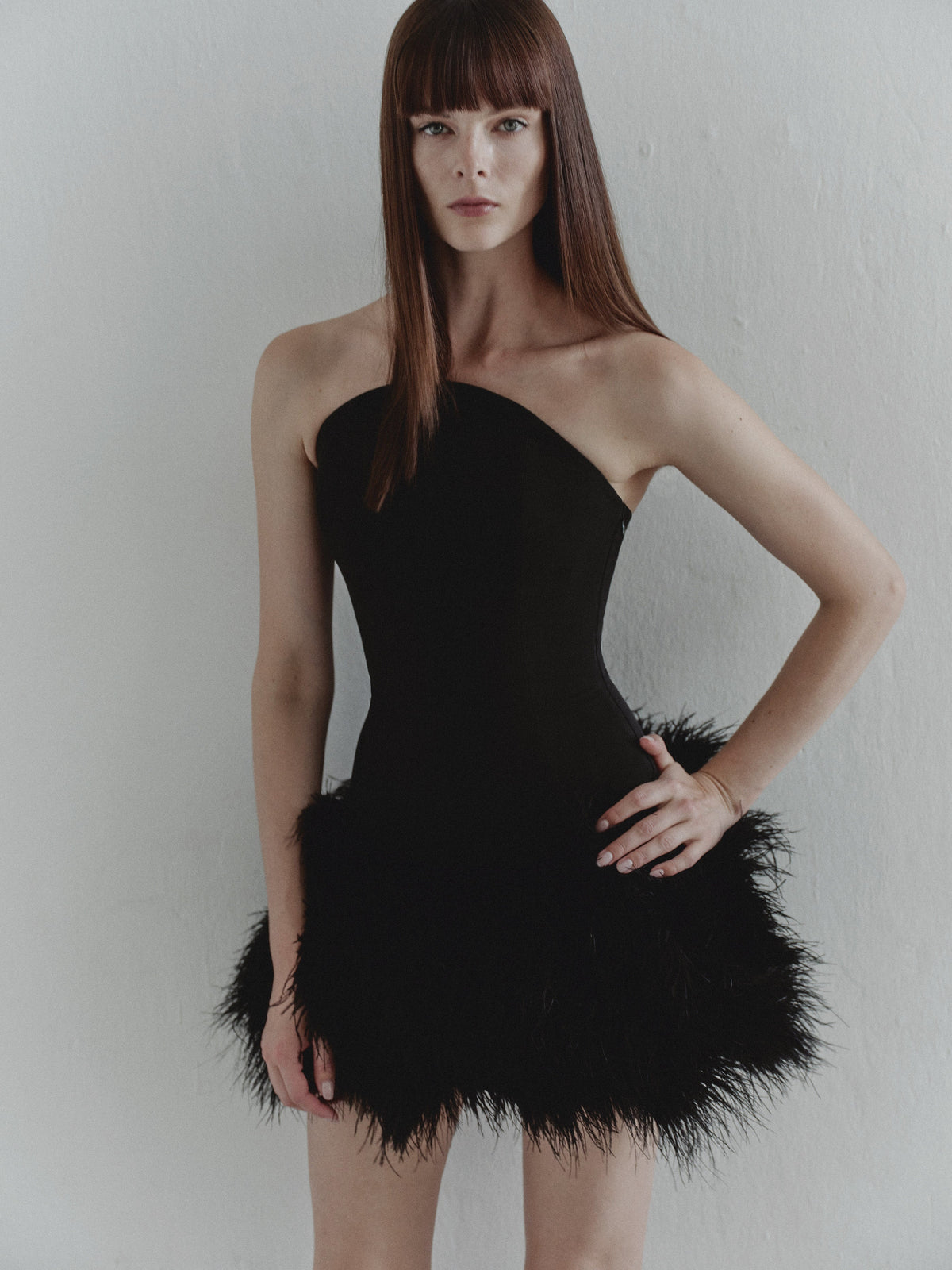 Black Mini Dress with Feather Trim