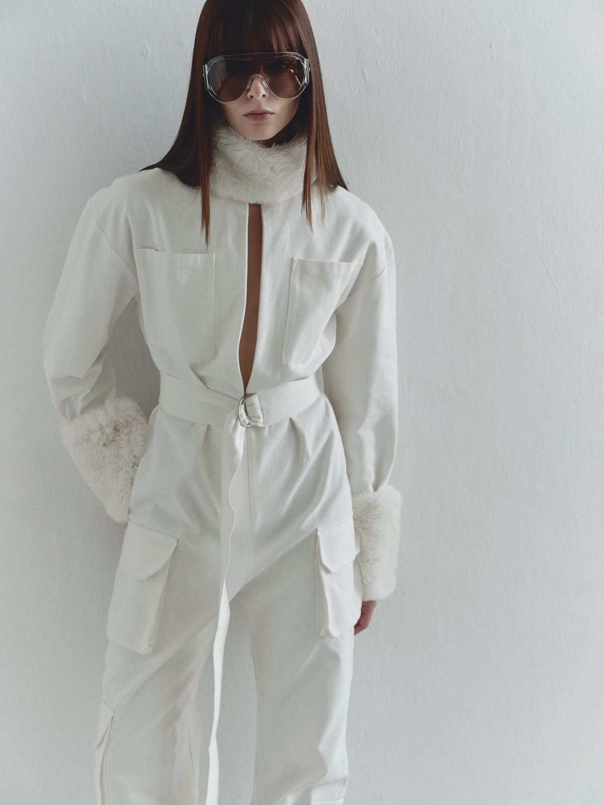 White Cargo Jumpsuit with Fur Details