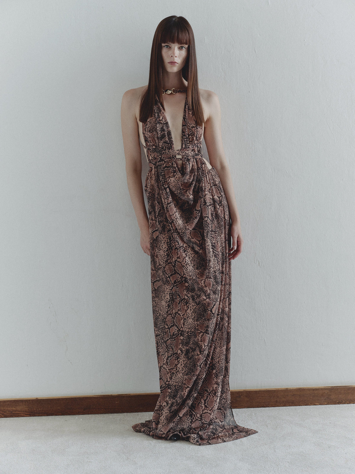 Snake Print Chiffon Dress with Gold Pleated Hand-Made Accessory
