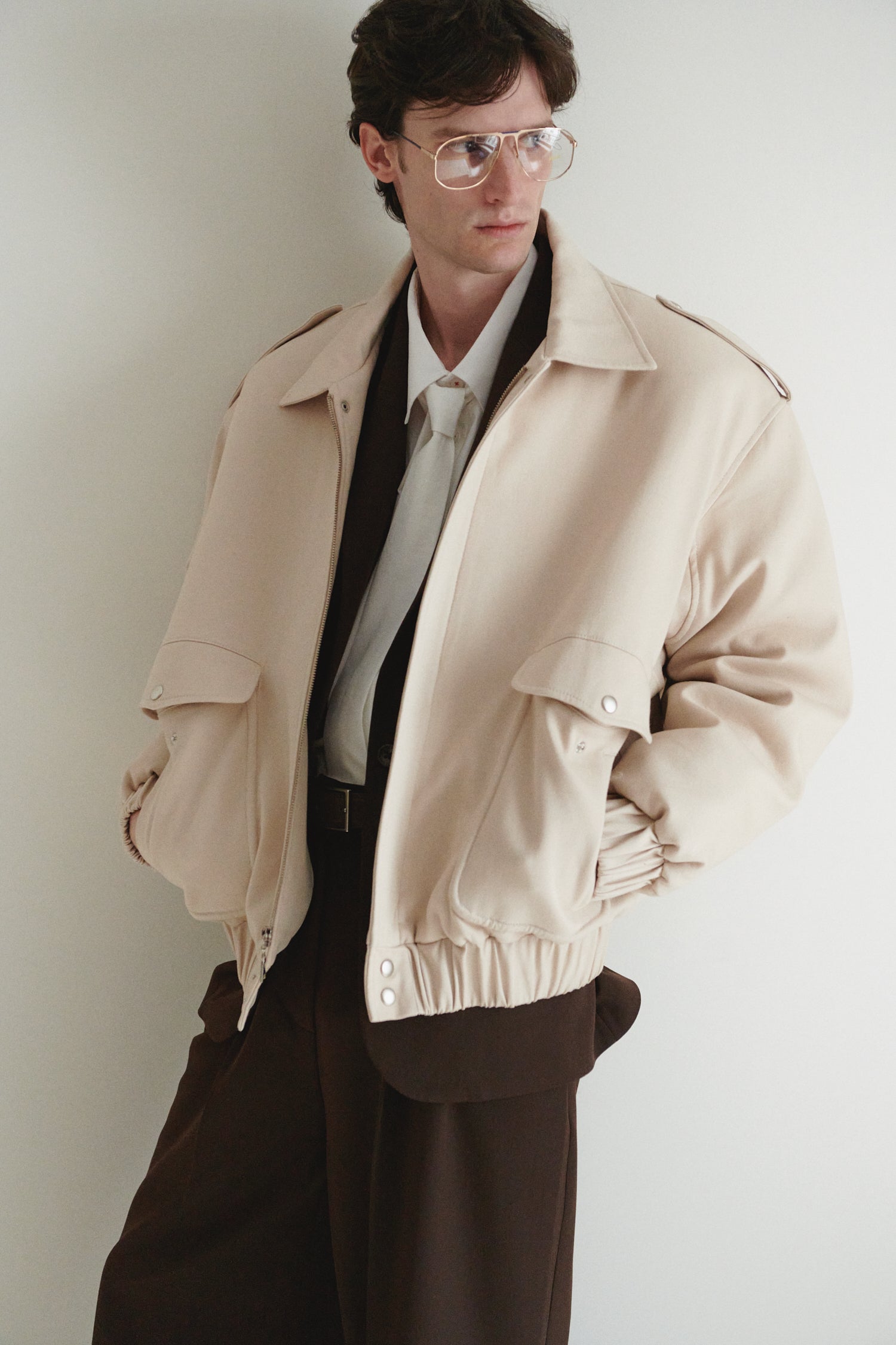 Beige Unisex Oversize Bomber Jacket With Pockets