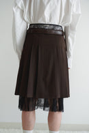 Brown Pleated Skirt with Lace Layer