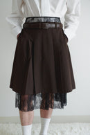 Brown Pleated Skirt with Lace Layer