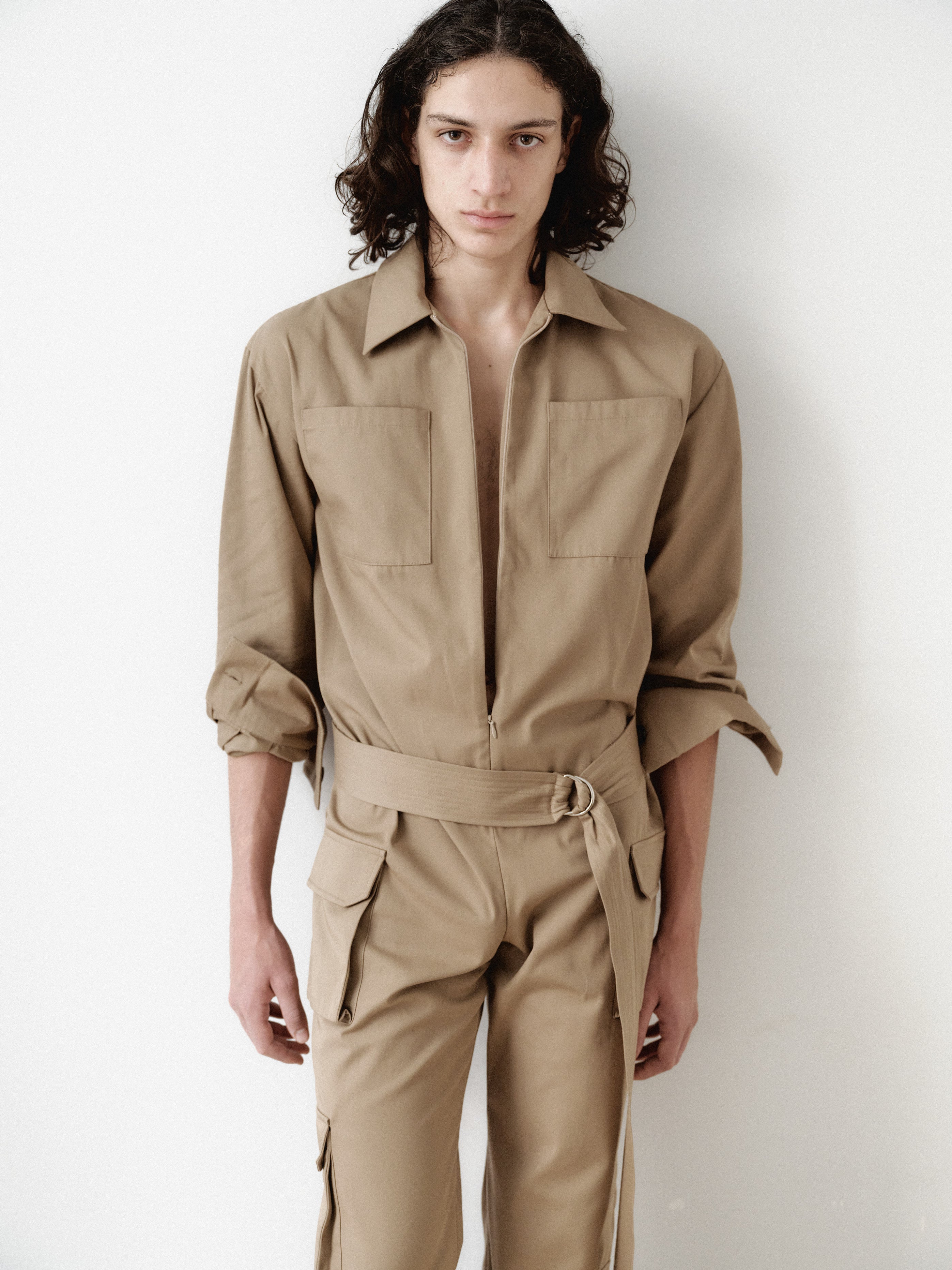 Mink Colored Recycled Cotton Cargo Jumpsuit
