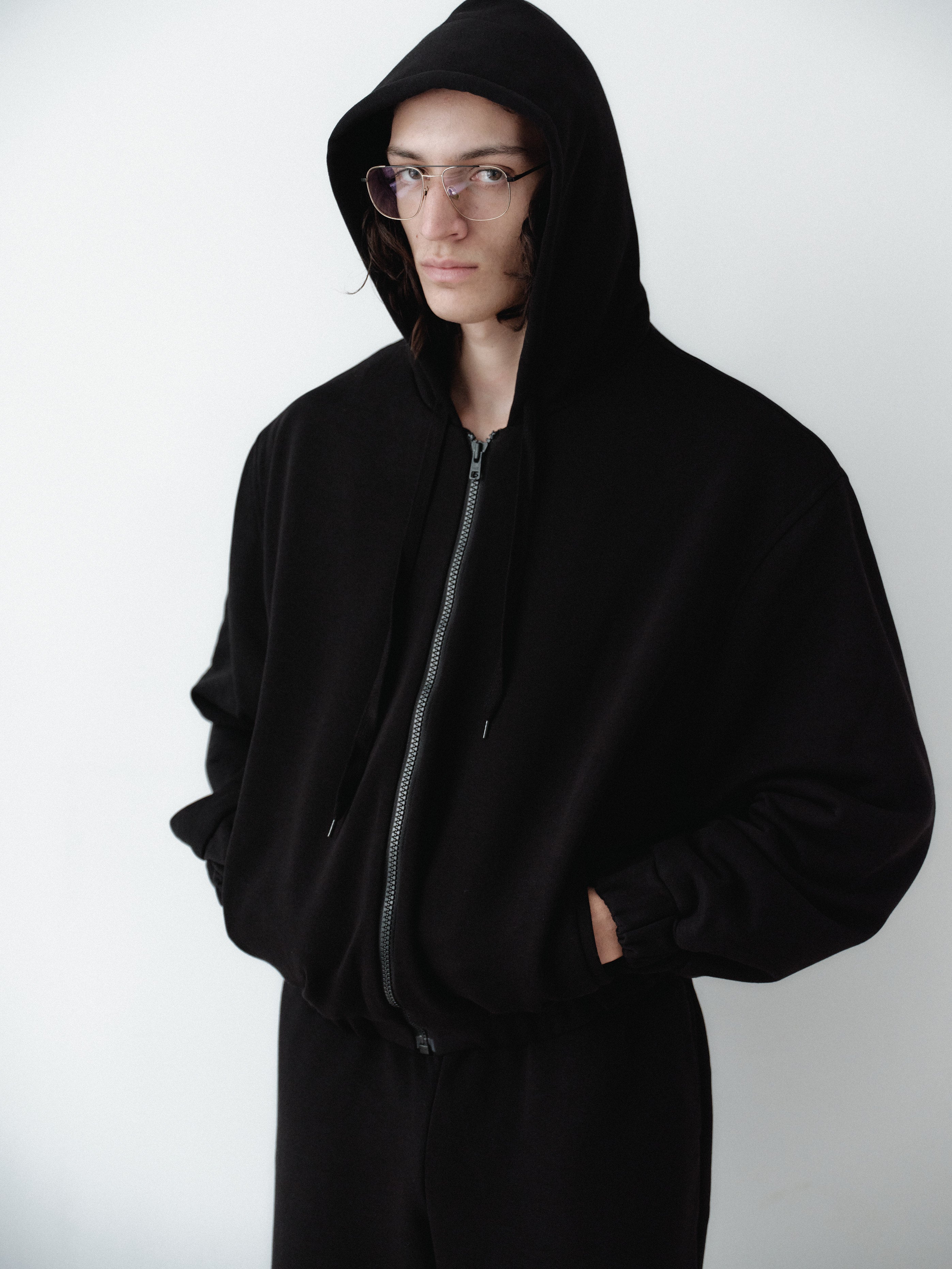 Black Cotton Hooded Sweatshirt