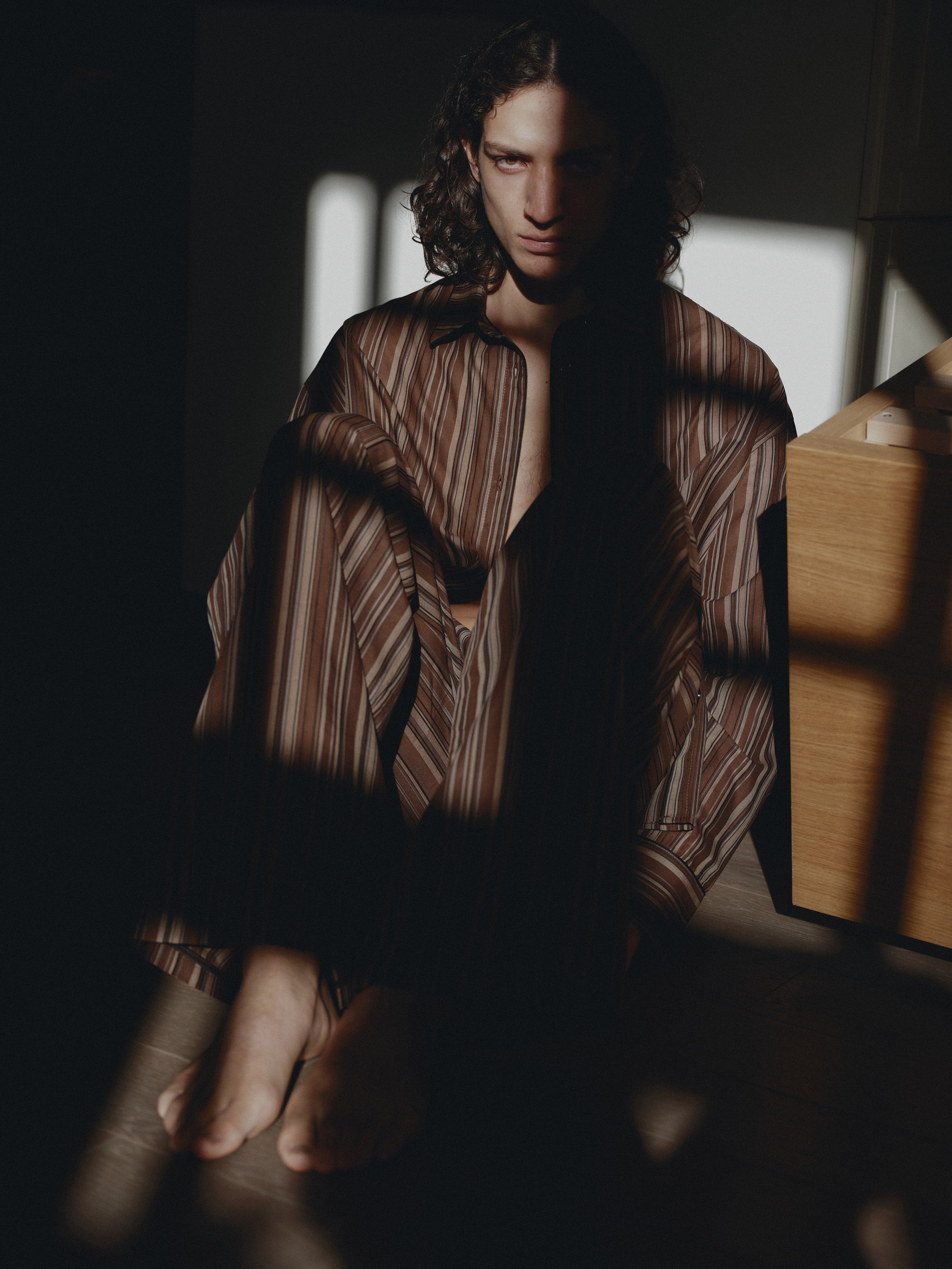 Brown Striped Oversize Unisex Shirt with Tie