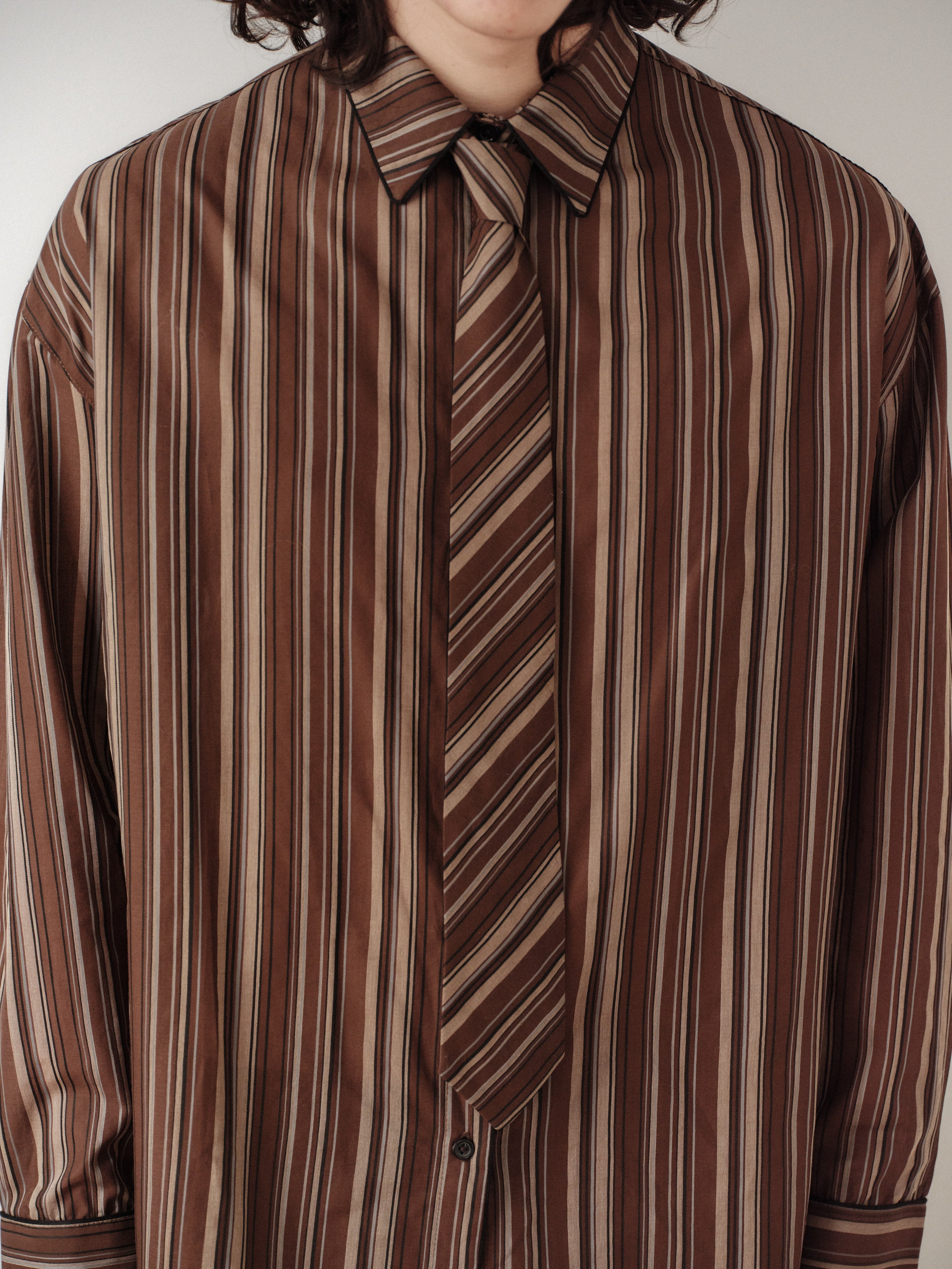 Brown Striped Oversize Unisex Shirt with Tie