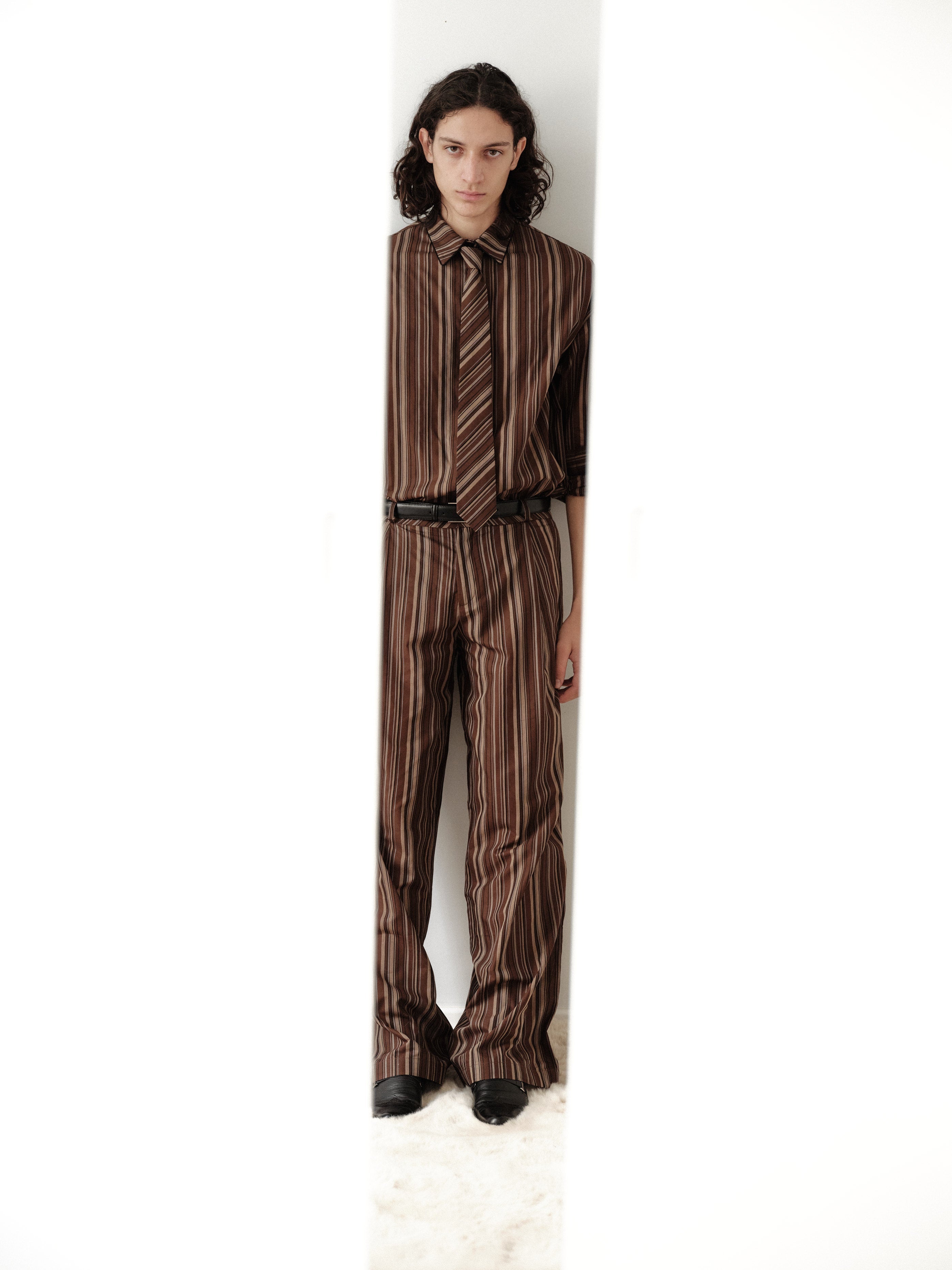 Brown Striped Oversize Unisex Shirt with Tie