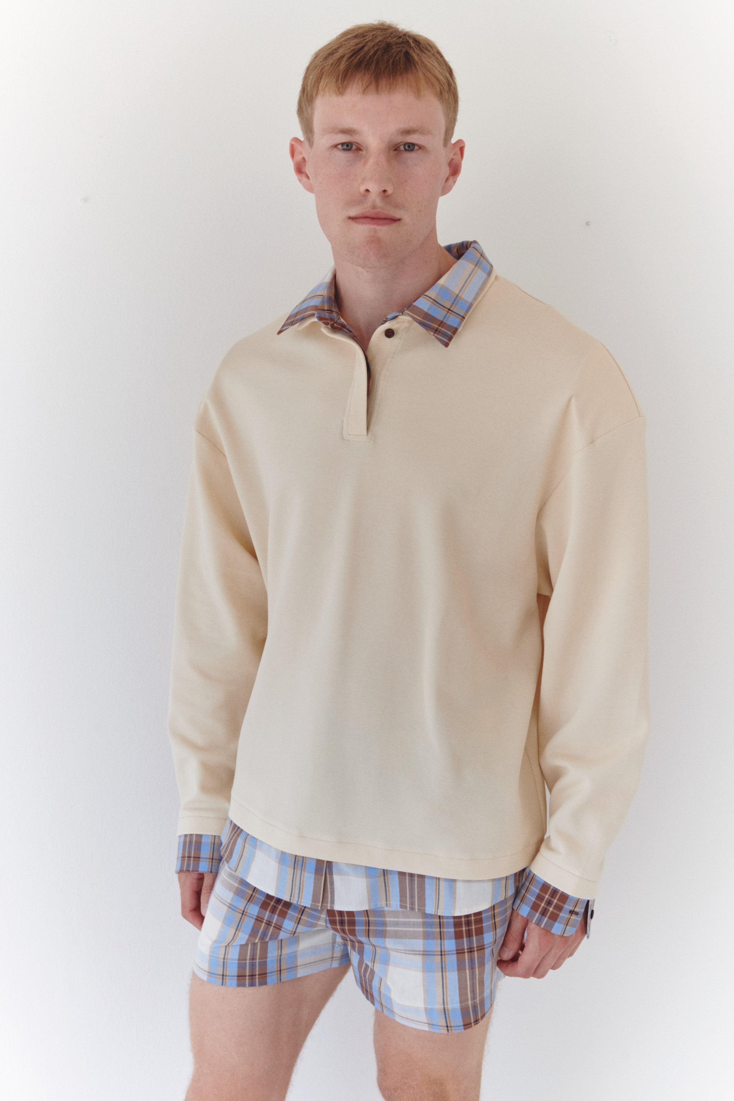 Beige Padded Polo Shirt With Blue Plaid Collar And Cuff Details